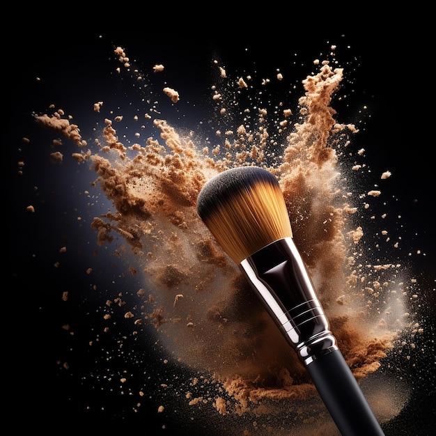 3D rendered Cosmetic brush and glittery makeup powder falling on a dark background | Premium AI-generated image