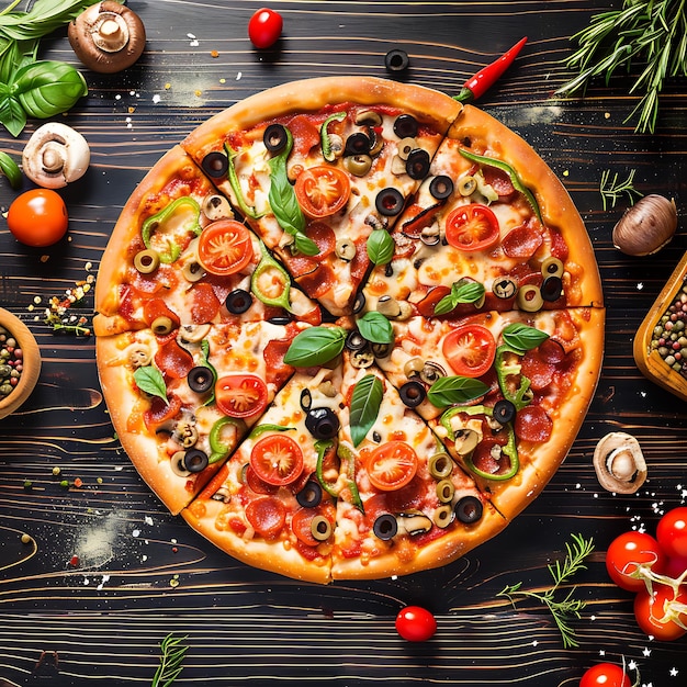 A colorful homemade pizza with black ham and cherry tomatoes | Premium AI-generated image