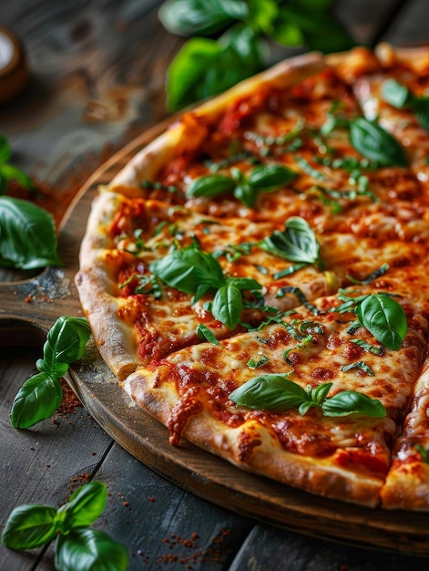 A pizza with basil leaves on it and a slice of basil | Premium AI-generated image