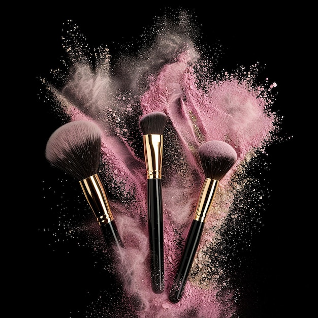 Three brushes with pink powder sprays in the background | Premium AI-generated image